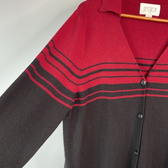 Vintage Jessica Long Line Cardigan Sweater Striped Wine Black Collared V Plus 1X - Picture 5 of 12